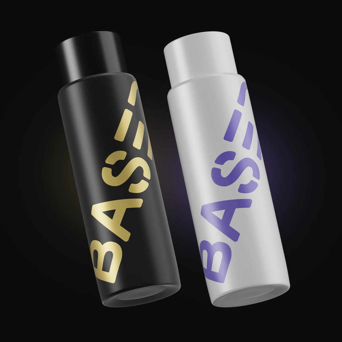 Two spray bottles side by side, one black with gold BASS logo and one white with purple BASS logo on dark background