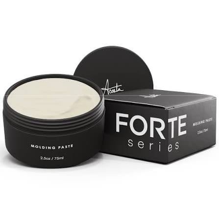 Forte Series hair molding paste in black jar with product box, 2.5 oz container on white background