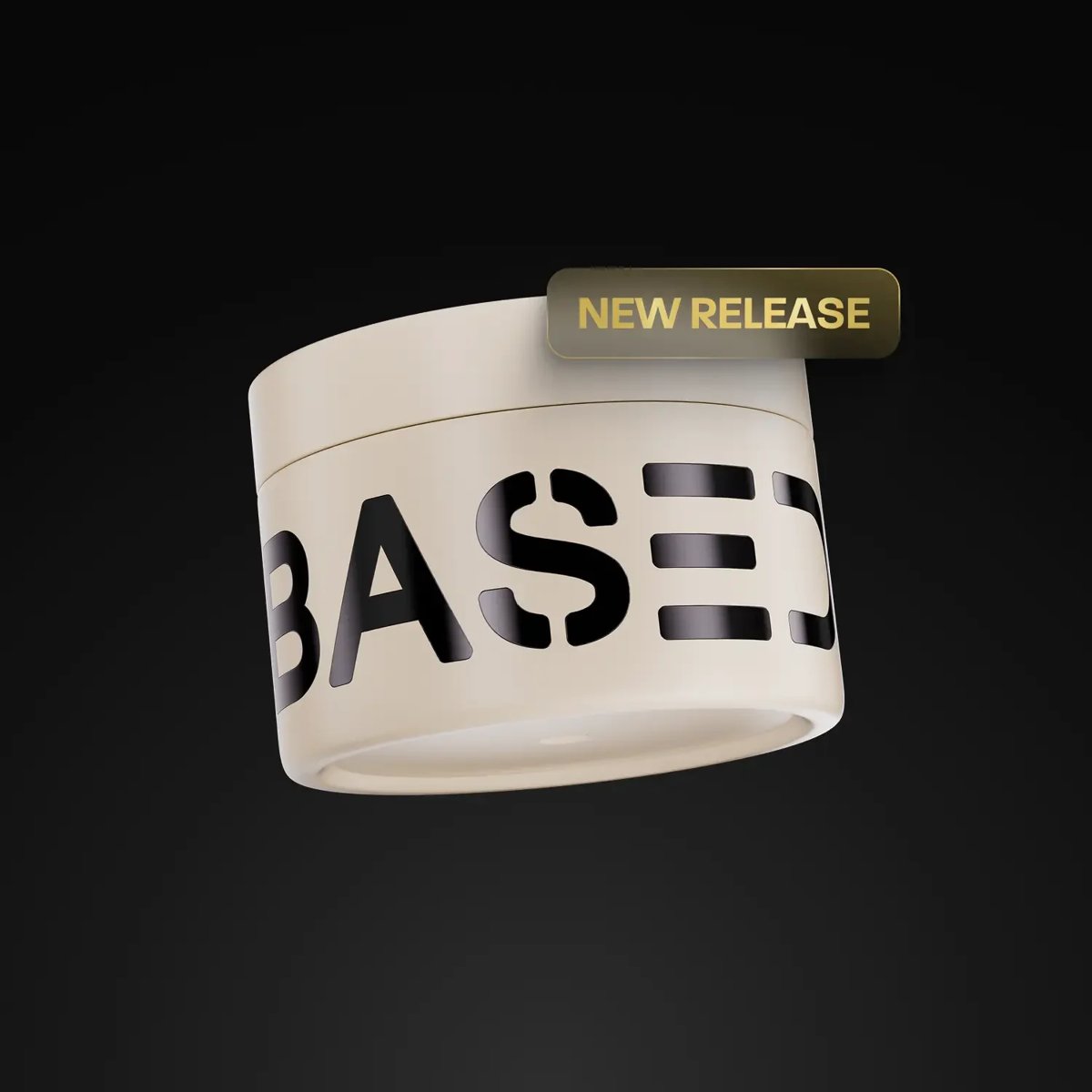 White cylindrical container labeled BASE with a gold NEW RELEASE badge on a black background