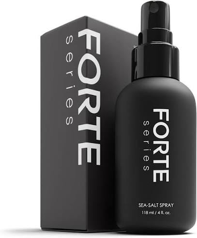 Black sea salt spray bottle with FORTE SERIES branding next to matching dark gray product box