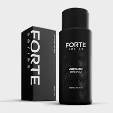Black Forte hair care product bottle next to branded packaging box on white background