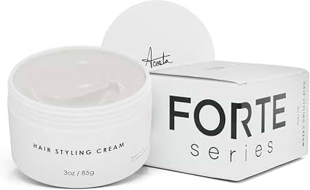 White jar of Forte Series hair styling cream next to its minimalist product box packaging