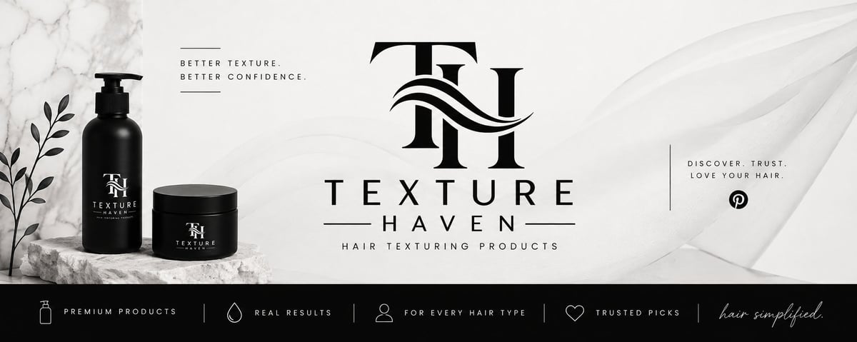 Texture Haven hair care product banner featuring black bottles with pump dispenser and jar on marble background with organic leaf design