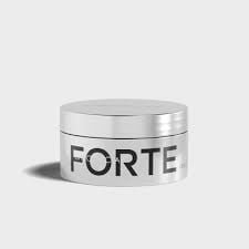 Silver cylindrical container labeled FORTE with metallic lid on white background
