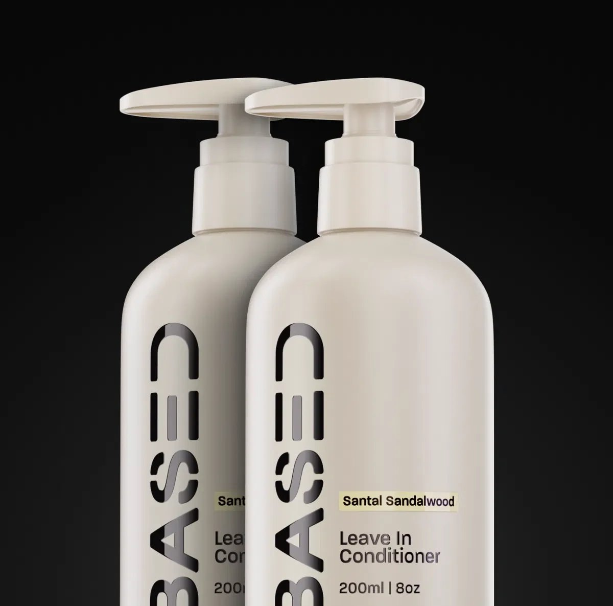 Two white pump bottles of BASE Santal Sandalwood Leave-In Conditioner, 200ml each, arranged side by side on a black background